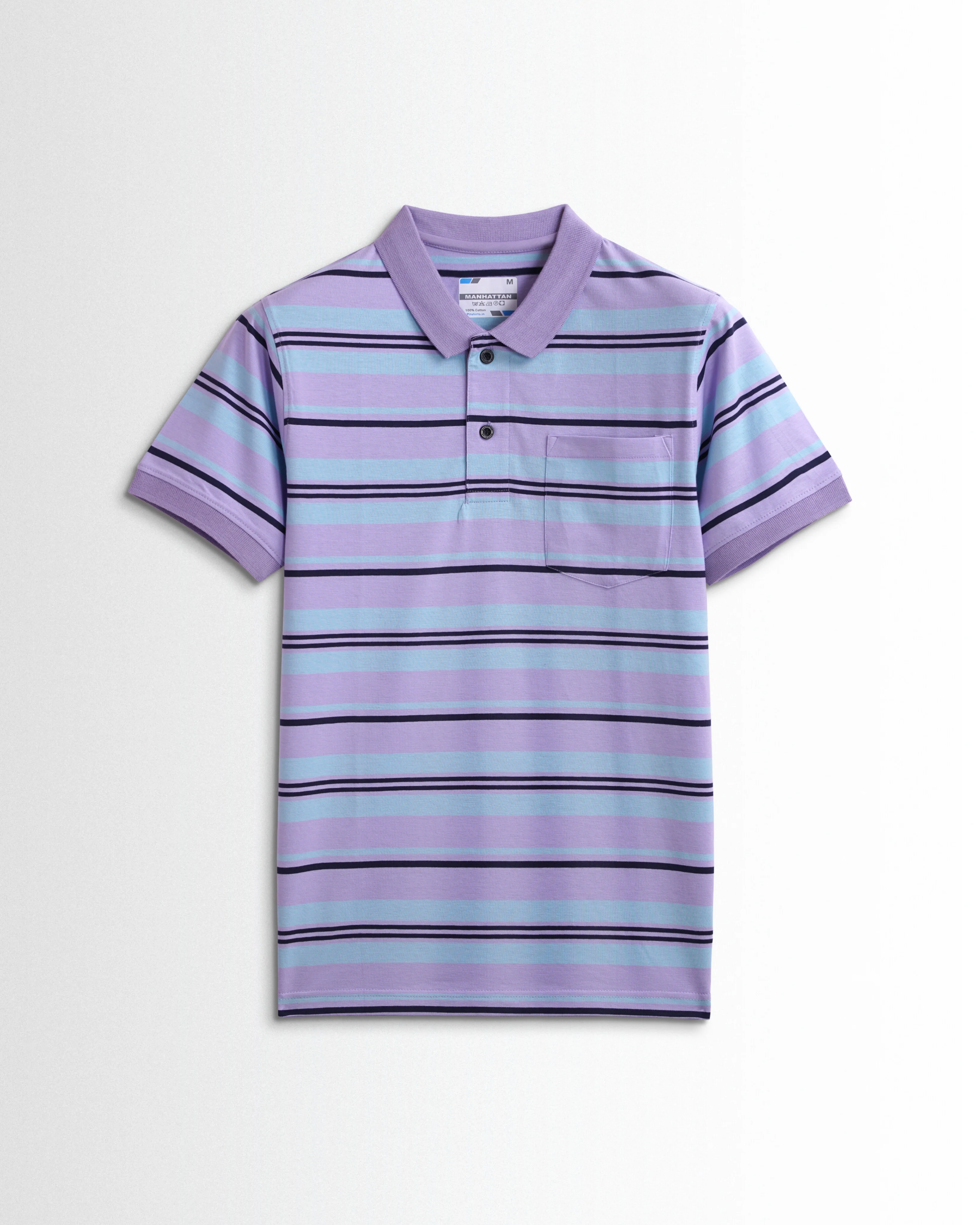 Premium Cotton Multi Striped Polo Pocket (Violet/Sky Blue/Navy Stripes)