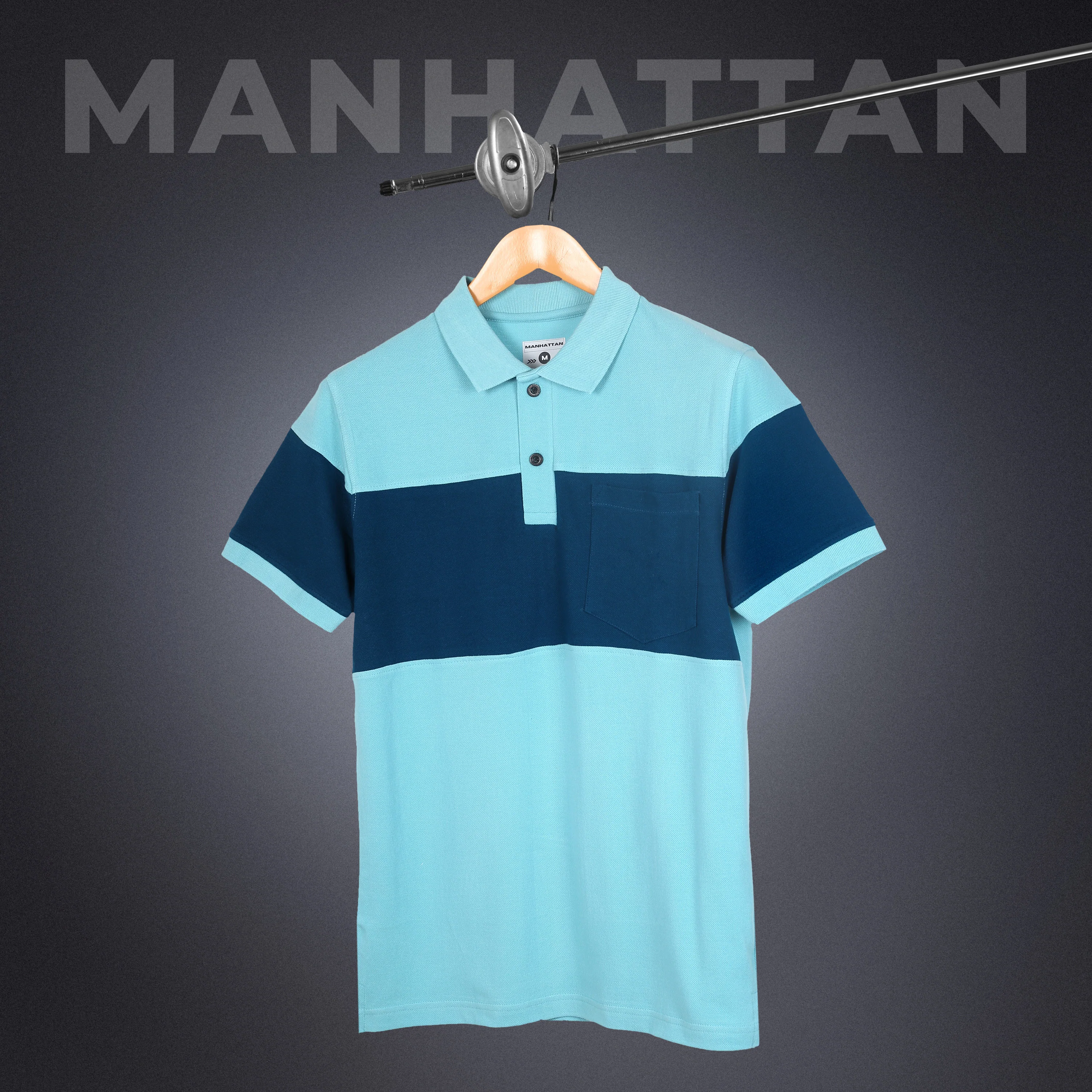 Pure Cotton Polo Pocket T shirts (Mint Blue/Teal Green) Cut & Sew - Image 2