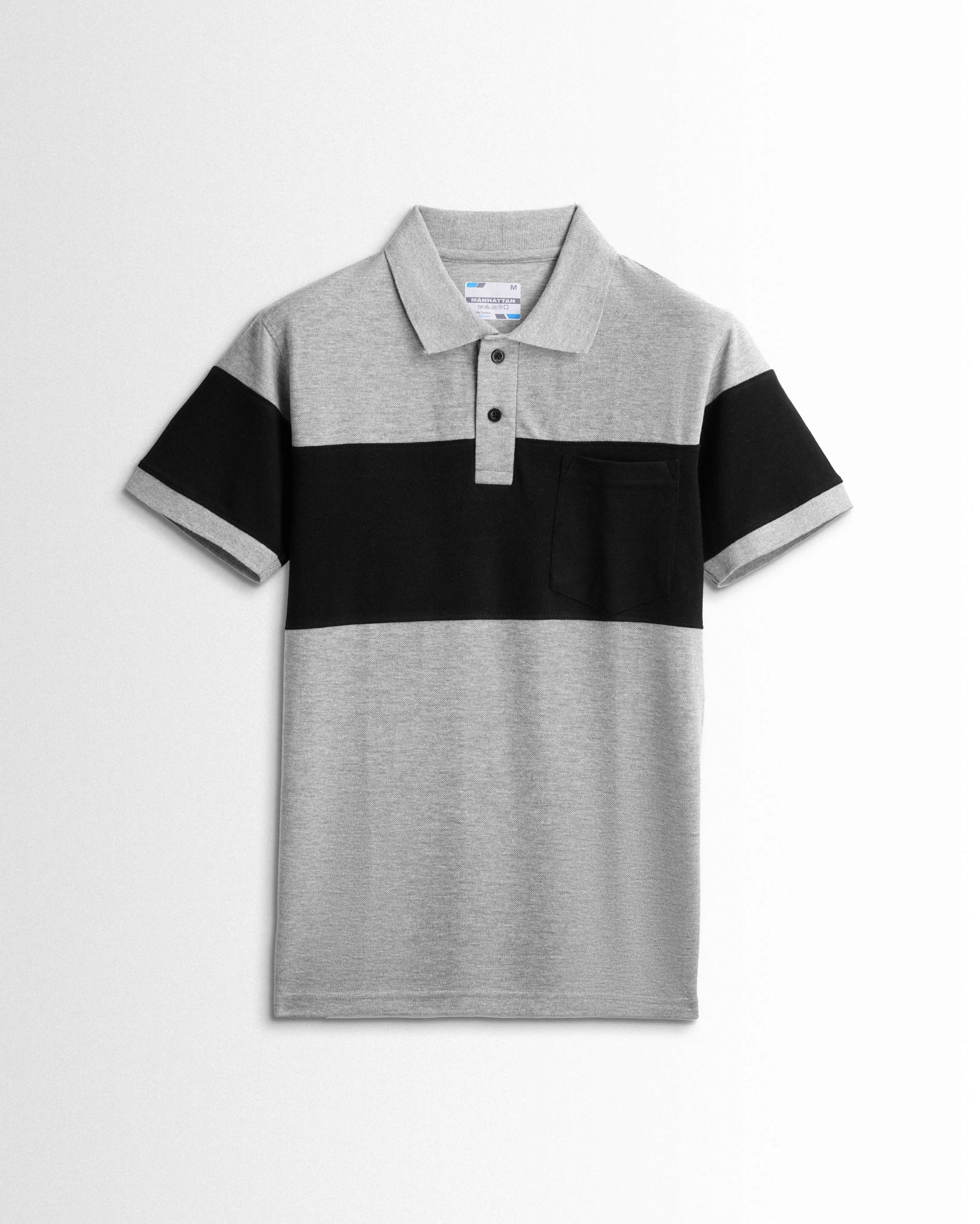 Rich in Cotton Polo Pocket T shirts (Silver Grey/Black) Cut & Sew