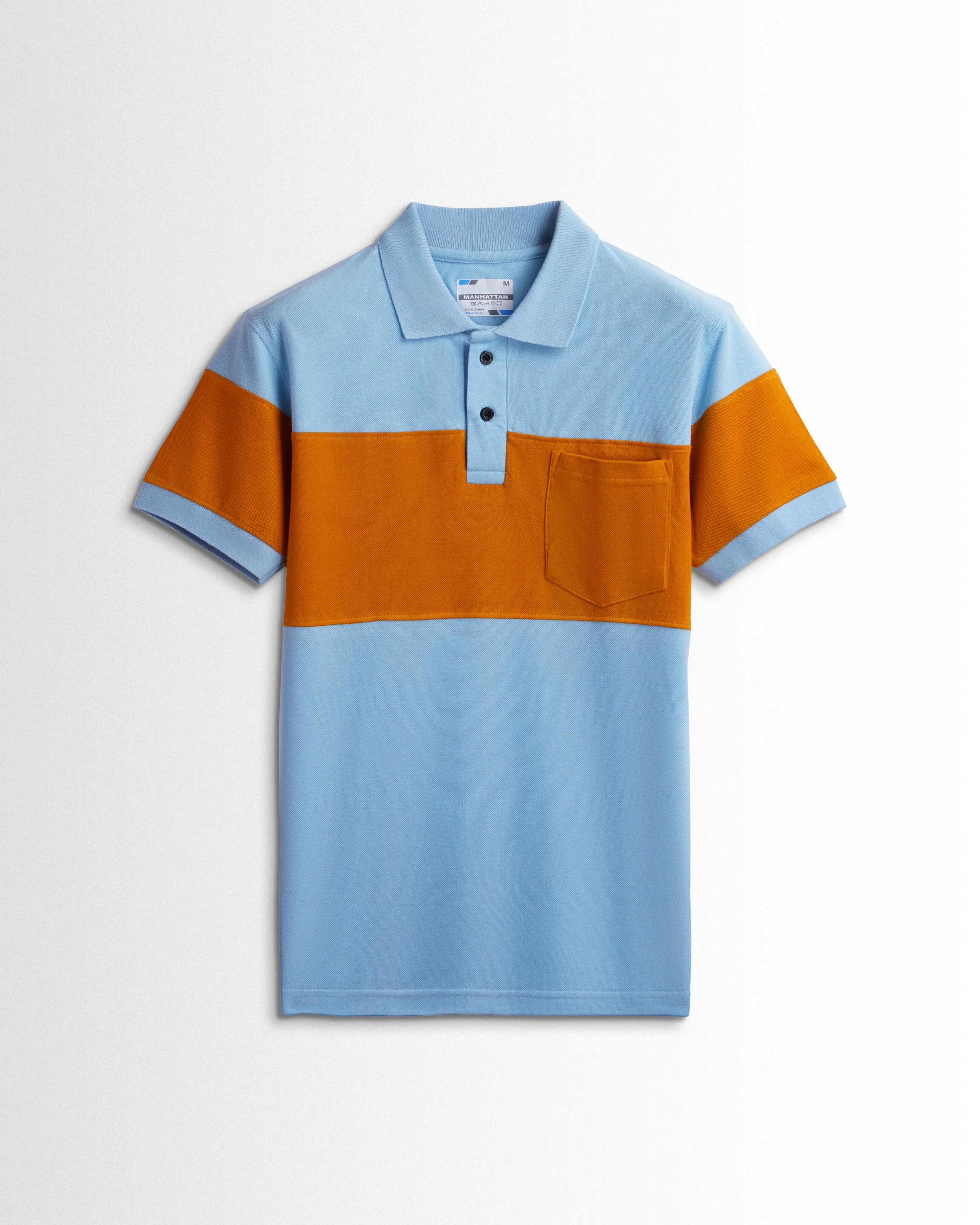 Pure Cotton Polo Pocket T shirts (Sky Blue/Mustard) Cut & Sew