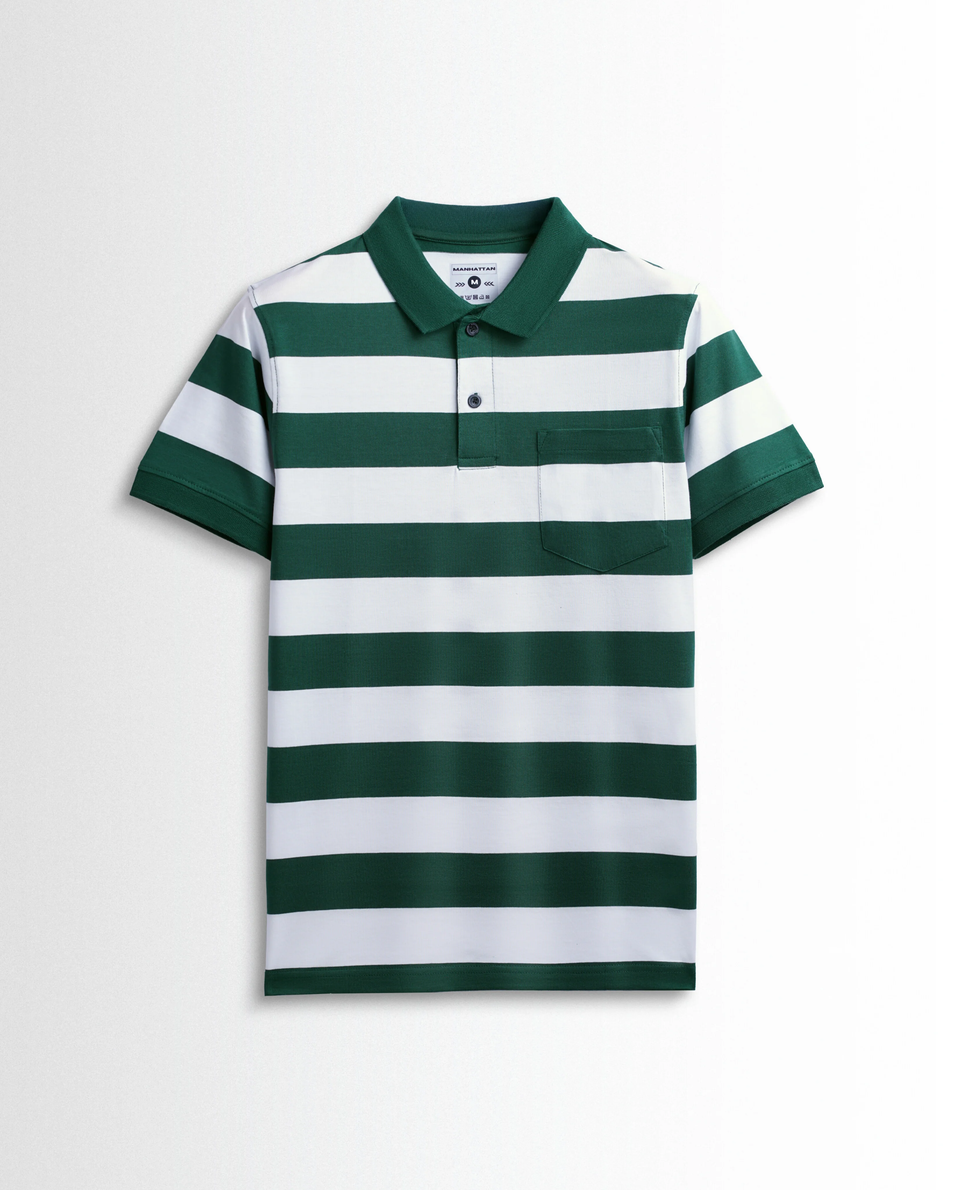 Premium Cotton Striped Polo Pocket (Green/White Stripes)